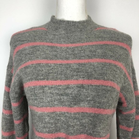 NWT WAYF Mock Neck Tie Waist Wool Blend Sweater Gray Pink Stripe Stretch - Picture 3 of 5